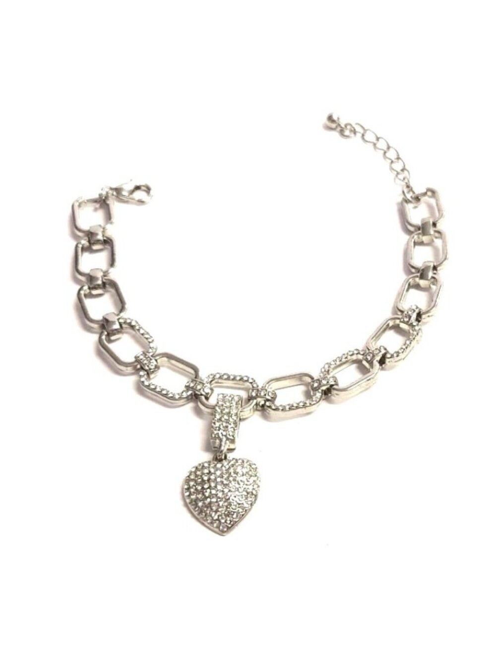White Gold Plated Pave' Crystal Heart Bracelet - Charm